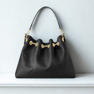 L-V Black Leather Shoulder Bag with Gold Hardware