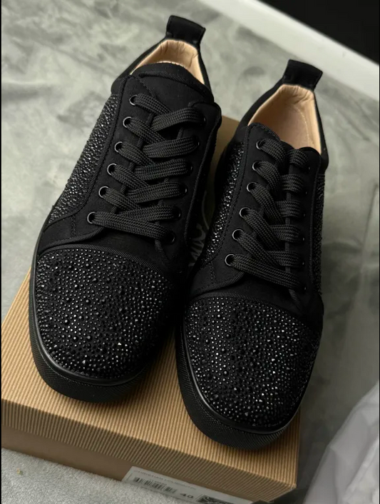 Black Crystal Studded Men’s Sneakers | Red Sole Luxury-Inspired Shoes | Sizes 5–12