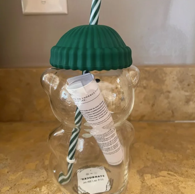 Bearista Bear Glass Tumbler – Viral Glass Bear Cup with Straw