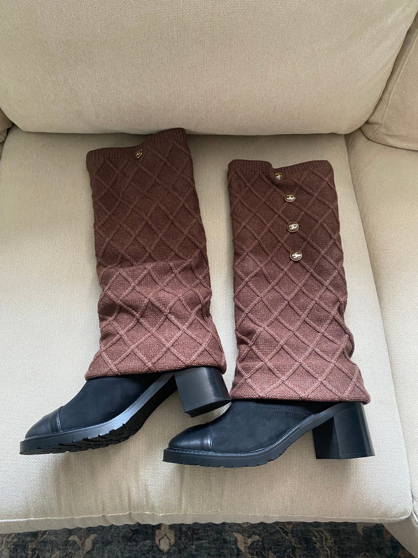 CC Black Knee-High Boots with Brown Knit Sock Leg Warmers