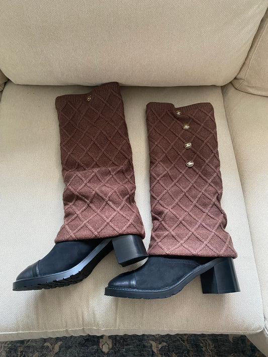 CC Black Knee-High Boots with Brown Knit Sock Leg Warmers