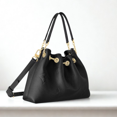 L-V Black Leather Shoulder Bag with Gold Hardware