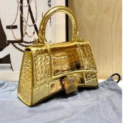 B Gold or Black Croc-Embossed Top Handle Bag | Metallic Mini Handbag