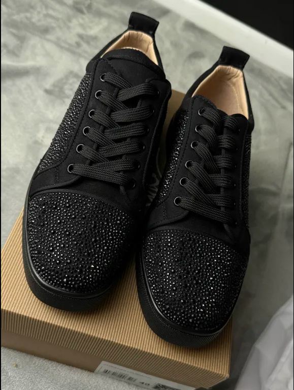 Black Crystal Studded Men’s Sneakers | Red Sole Luxury-Inspired Shoes | Sizes 5–12