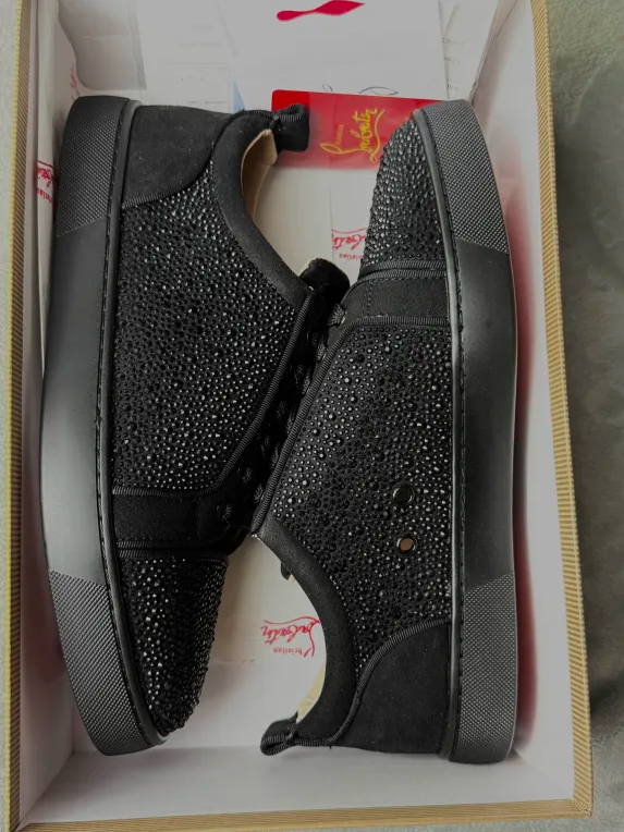 Black Crystal Studded Men’s Sneakers | Red Sole Luxury-Inspired Shoes | Sizes 5–12