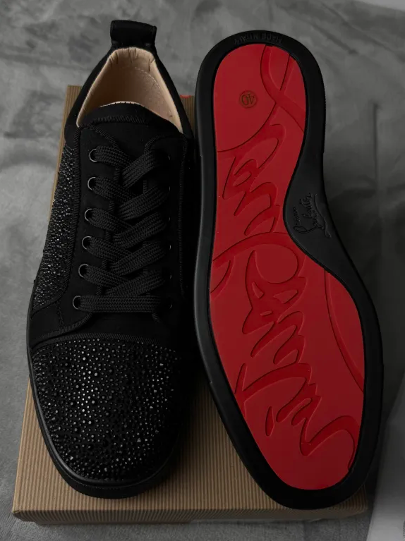 Black Crystal Studded Men’s Sneakers | Red Sole Luxury-Inspired Shoes | Sizes 5–12