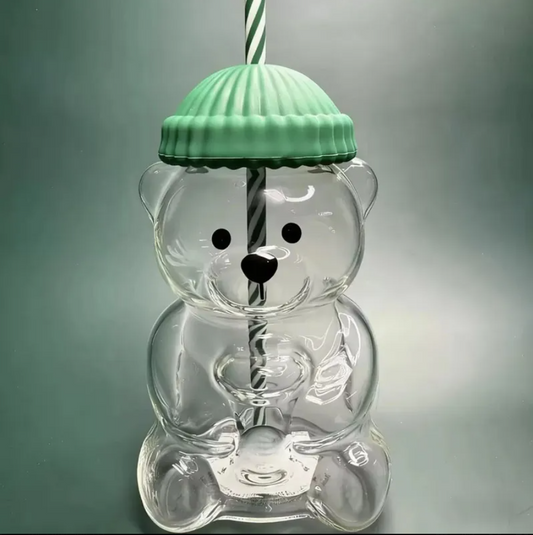Limited Edition Bear-Shaped Glass Cup with Straw & Cozy Hat Lid – Trending Aesthetic Drinkware