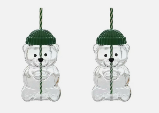 Limited Edition Bear-Shaped Glass Cup with Straw & Cozy Hat Lid – Trending Aesthetic Drinkware